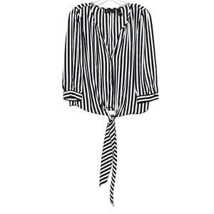 INC International Concepts Black Gray Striped Tie Front Blouse Top Whimsigoth
